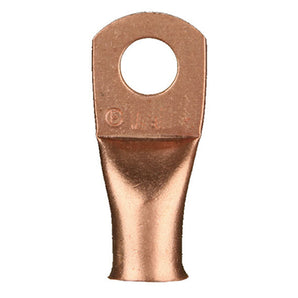 Uninsulated ring terminal, copper, 4 gauge, 1/4 inch, suitable for electrical connections and wire harnesses.