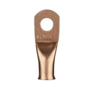 Copper uninsulated ring terminal for 4 gauge wires with a 5/16 inch hole, ideal for reliable electrical connections.