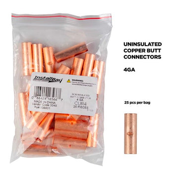 Close-up of Install Bay CUR4 copper uninsulated butt connector, showcasing its design, suitable for 4 gauge wiring.