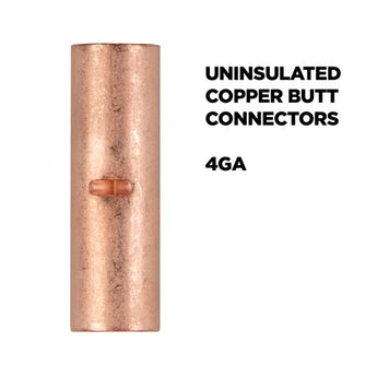 Close-up of Install Bay CUR4 copper uninsulated butt connector, showcasing its design, suitable for 4 gauge wiring.