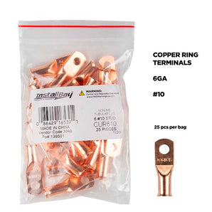 Install Bay CUR610 uninsulated ring terminals in a sealed bag showcasing 25 pieces for 6 gauge #10 connections.