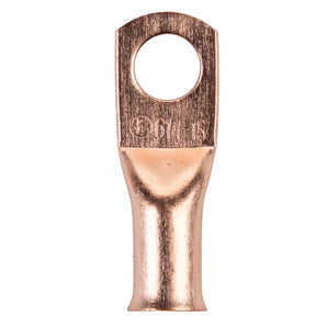 Install Bay CUR614 Copper Uninsulated Ring Terminal 6 Gauge 1/4 inch close-up image showing detail and design.