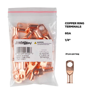 Install Bay CUR614 Copper Uninsulated Ring Terminal 6 Gauge 1/4 inch in a bag showing 25 pieces.