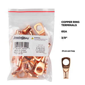 Install Bay CUR638 Copper Ring Terminal 6 Gauge 3/8 inch pack containing 25 pieces for electrical connections.