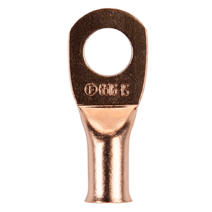 Copper uninsulated ring terminal with a 5/16 inch opening for 6 gauge wire.