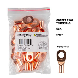 Install Bay CUR6516 Copper Uninsulated Ring Terminal 6 Gauge 5/16 inch pack of 25 pcs packaging