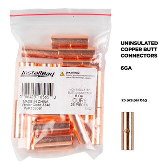 Install Bay CUR6 Copper Uninsulated Butt Connector 6 Gauge, product image showing uninsulated butt connector.