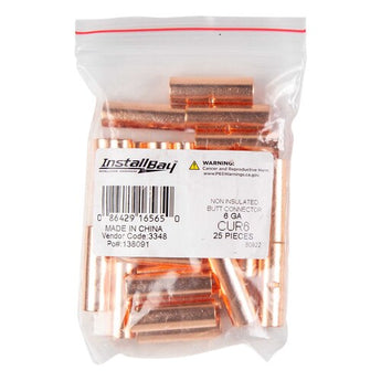 Install Bay CUR6 Copper Uninsulated Butt Connector 6 Gauge, product image showing uninsulated butt connector.