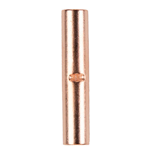 Uninsulated butt connector, copper, 8 gauge, displaying a single, long cylindrical connector for electrical connections.