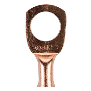Copper uninsulated ring terminal image with a circular opening, designed for 8 gauge wire connections.