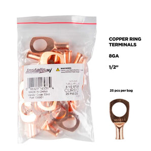 Install Bay CUR812 Copper Uninsulated Ring Terminal 8 Gauge 1/2 inch, 25 pieces per bag.