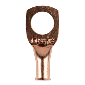 Close-up of Install Bay CUR838 copper uninsulated ring terminal for 8 gauge wire with 3/8 inch hole.