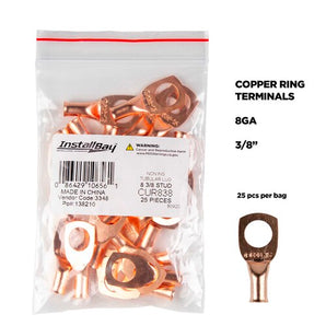 Install Bay CUR838 copper uninsulated ring terminal 8 gauge 3/8 inch packaged with 25 pieces per bag.