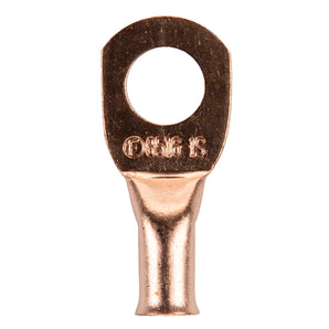 Close-up of Install Bay CUR8516 copper uninsulated ring terminal, 8 gauge, 5/16 inch size for electrical connections.