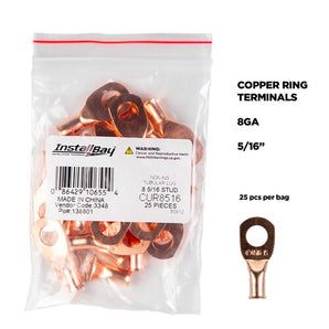 Install Bay CUR8516 Copper Uninsulated Ring Terminal 8 Gauge 5/16 inch pack containing 25 terminals.