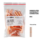 Uninsulated butt connector, copper, 8 gauge, displaying a single, long cylindrical connector for electrical connections.