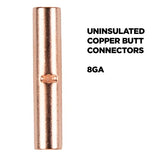 Uninsulated butt connector, copper, 8 gauge, displaying a single, long cylindrical connector for electrical connections.