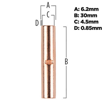 Uninsulated butt connector, copper, 8 gauge, displaying a single, long cylindrical connector for electrical connections.