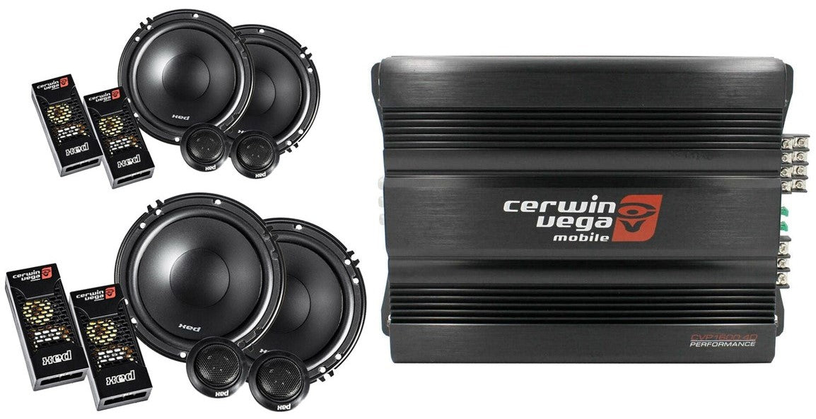 Cerwin Vega CVP1600.4D 1600W Amp + 2 XED650C Speakers + 4 Gauge Amp Kit