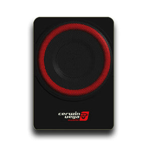 Cerwin Vega VPAS10 slim powered enclosure featuring a 10-inch subwoofer for mobile audio systems.