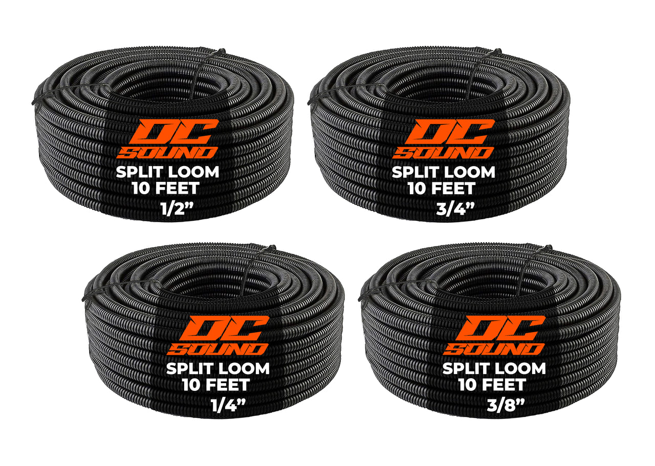 DC Sound 4-Pack 1/4", 3/8", 1/2", 3/4" x 10 Feet Each Split Wire Loom Convoluted Tubing