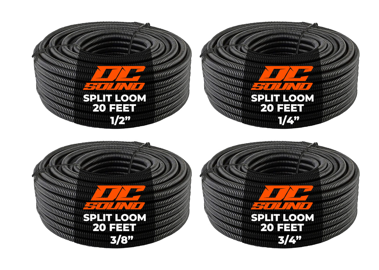 DC Sound 4-Pack 1/4", 3/8", 1/2", 3/4" x 20 Feet Each Split Wire Loom Convoluted Tubing