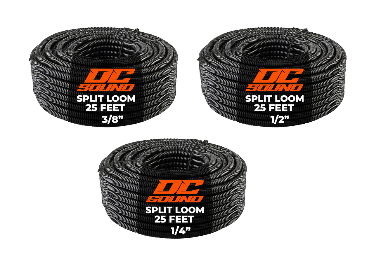 DC Sound 3-Pack 1/4", 3/8", 1/2" x 25 Feet Each Split Wire Loom Convoluted Tubing