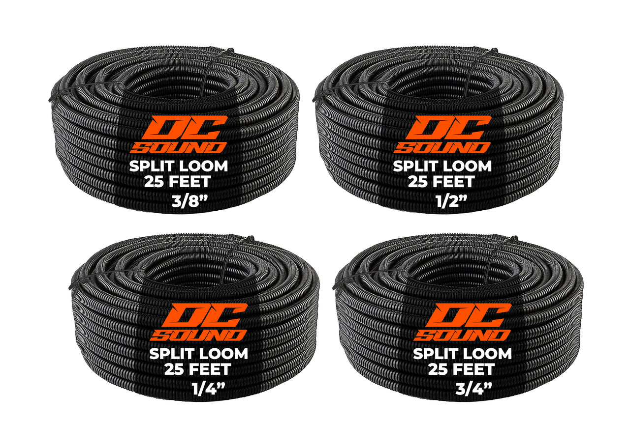 DC Sound 4-Pack 1/4", 3/8", 1/2", 3/4" x 25 Feet Each Split Wire Loom Convoluted Tubing