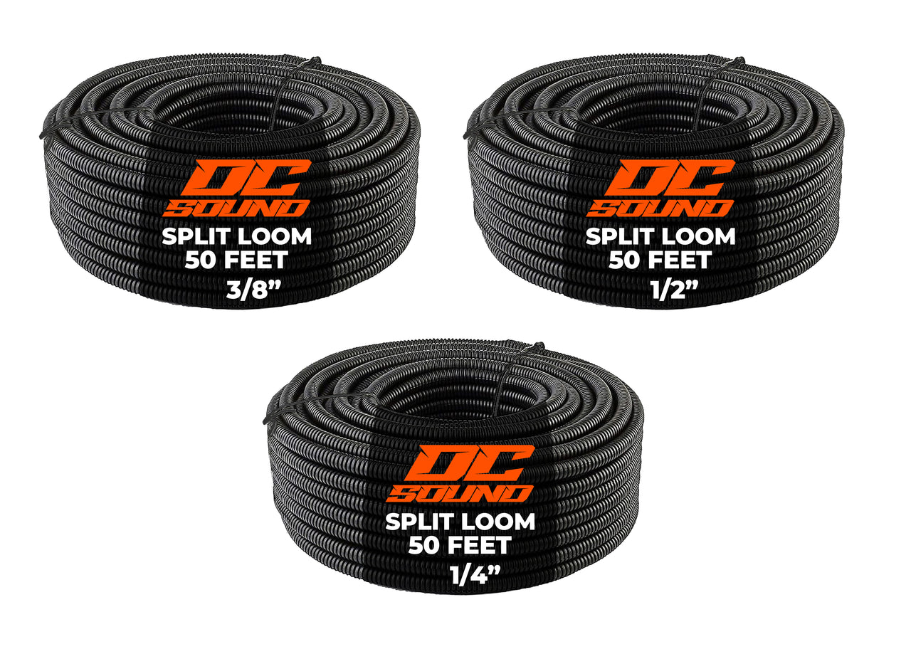 DC Sound 3-Pack 1/4", 3/8", 1/2" x 50 Feet Each Split Wire Loom Convoluted Tubing