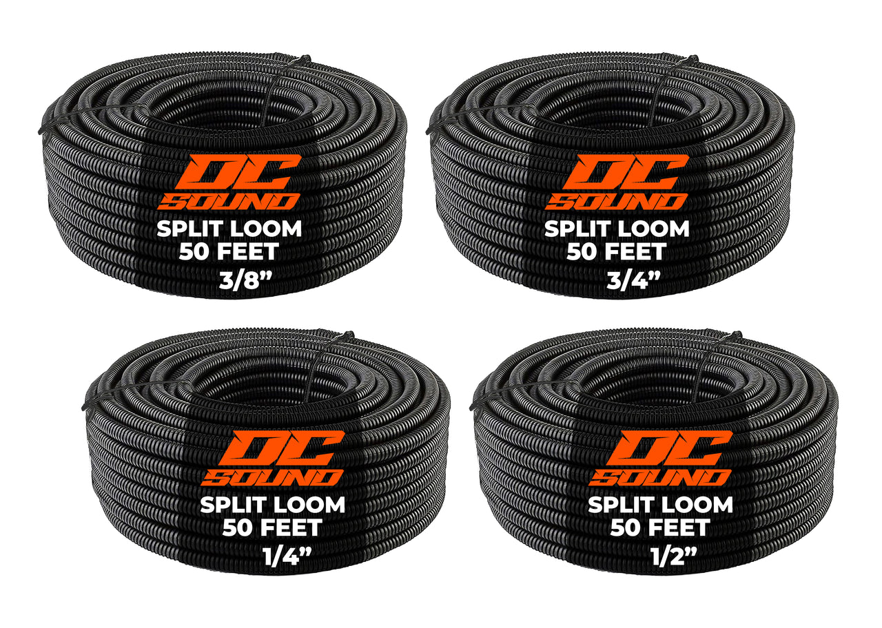 DC Sound 4-Pack 1/4", 3/8", 1/2", 3/4" x 50 Feet Each Split Wire Loom Convoluted Tubing