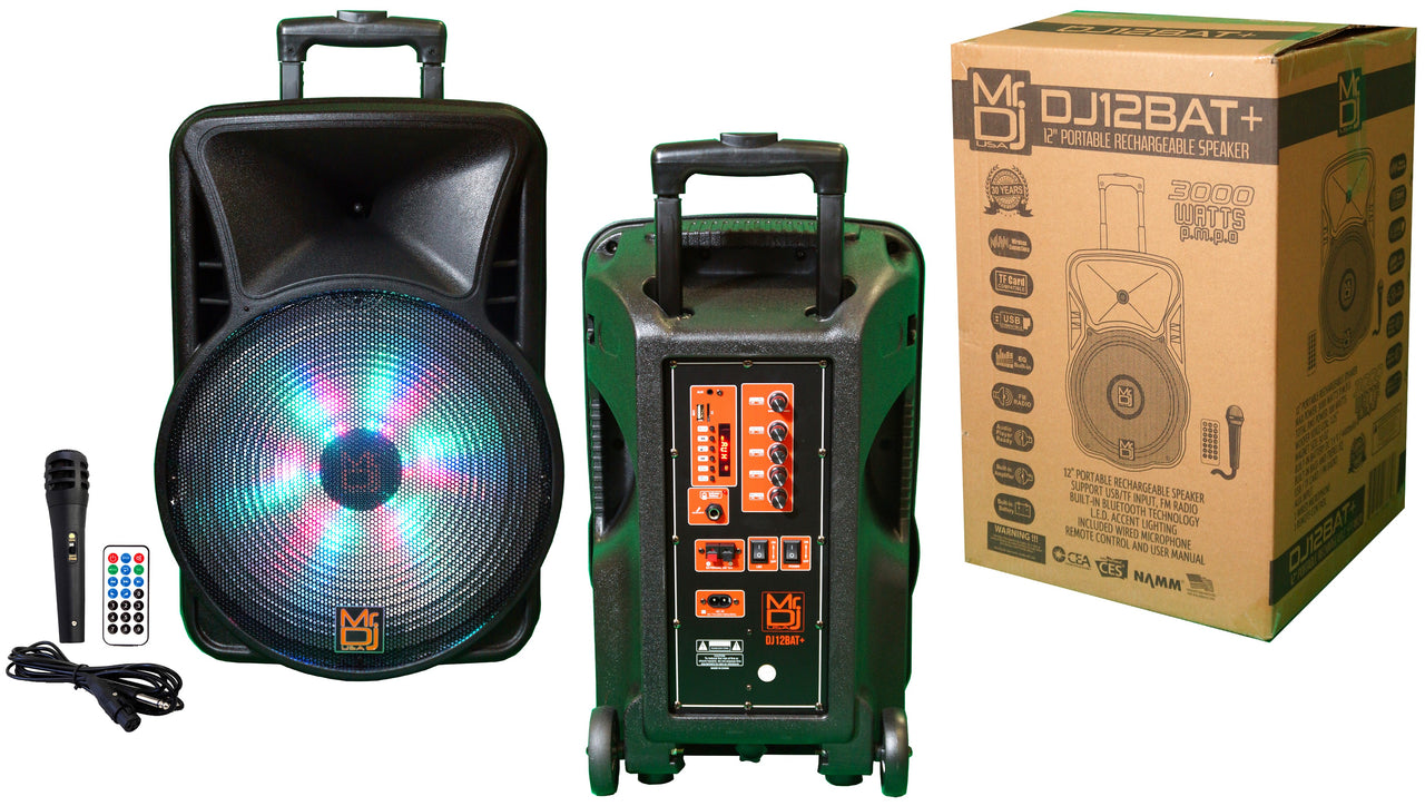 MR DJ DJ12BAT+ 12" Portable Trolley PA DJ Active Powered Bluetooth TWS Speaker 3000 Watts LCD/MP3/USB/micro SD