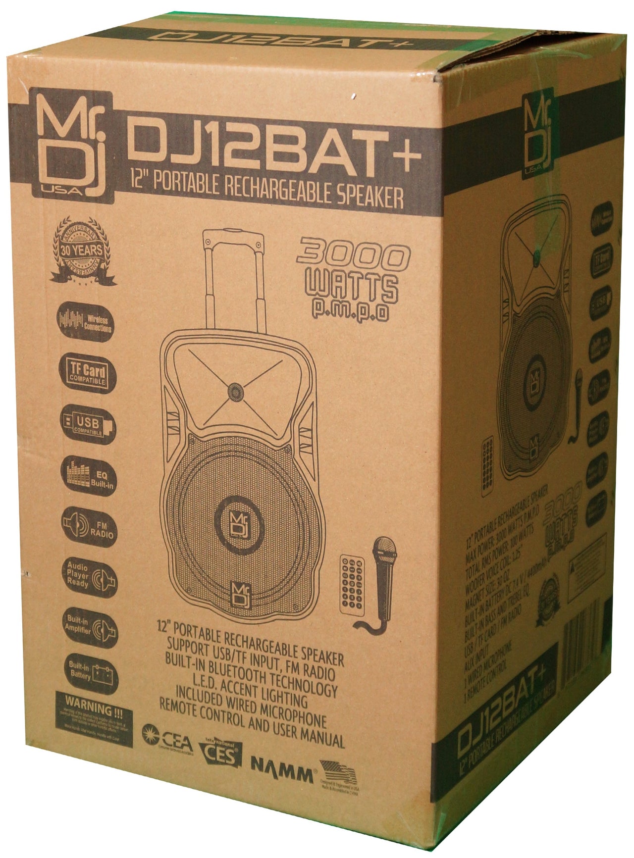 MR DJ DJ12BAT+ 12" Portable Trolley PA DJ Active Powered Bluetooth TWS Speaker 3000 Watts LCD/MP3/USB/micro SD