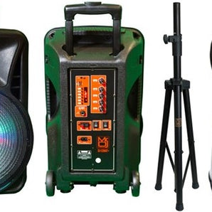 MR DJ DJ15BAT+ 15" Portable Bluetooth Speaker + Speaker Stand + 18-LED Moving Head DJ Light