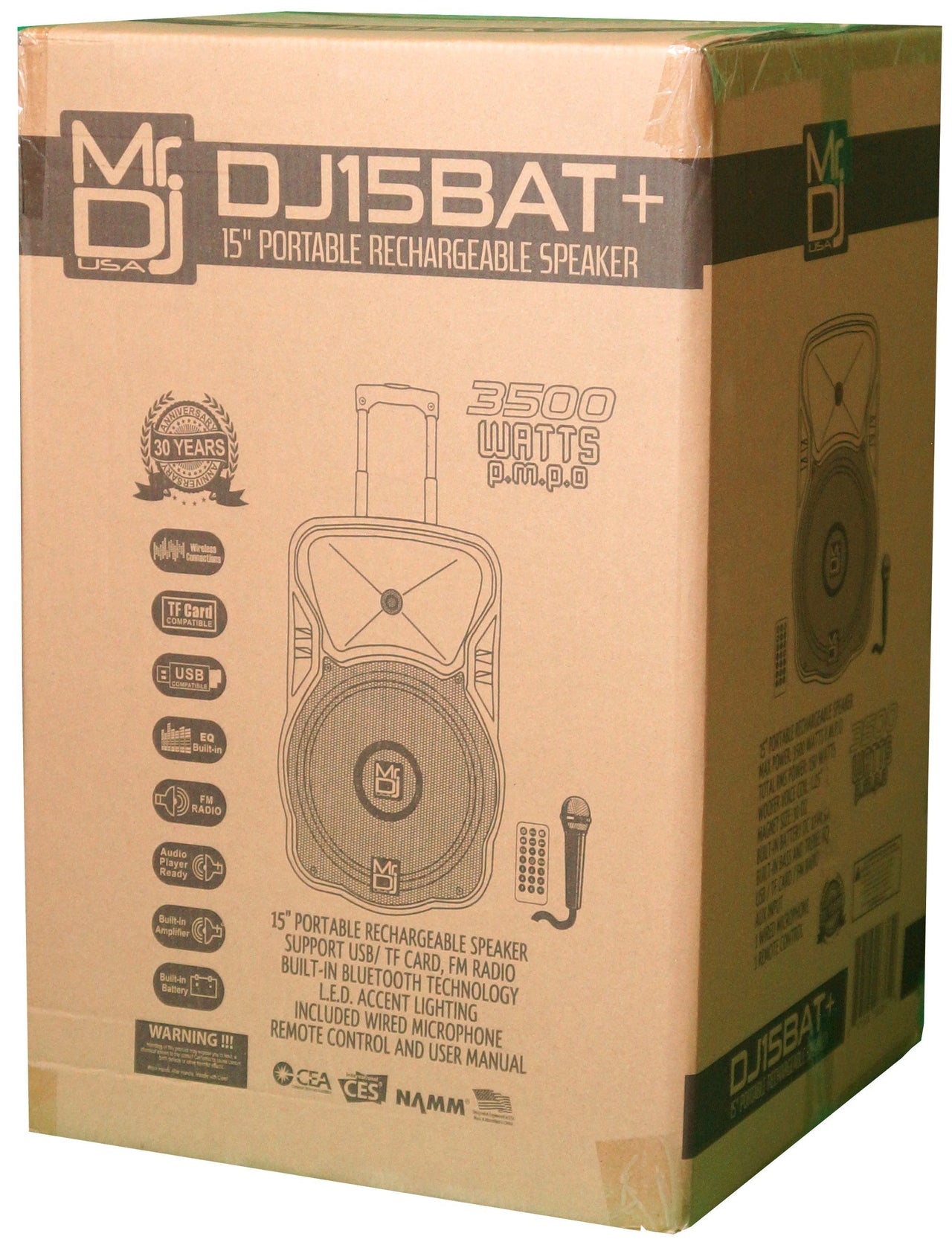 MR DJ DJ15BAT+ 15" Portable Bluetooth Speaker + Speaker Stand + 54-LED Slim Par Wash DJ Light