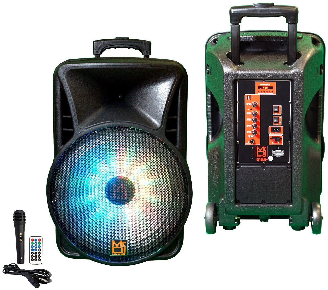 MR DJ DJ15BAT+ 15" Portable Bluetooth Speaker + Speaker Stand + 54-LED Slim Par Wash DJ Light