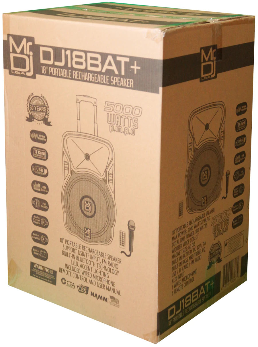 2 MR DJ USA DJ18BAT 18" 5000W Max Power Speaker with Built-In Bluetooth & Battery