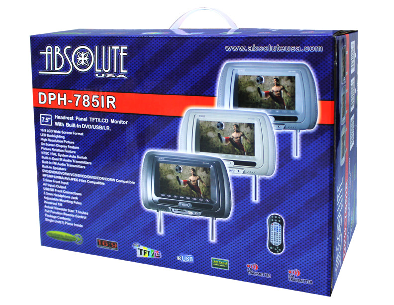 Absolute DPH-785IRC 7.5" Cream Headrest TFT/LCD Monitor DVD/USB/SD
