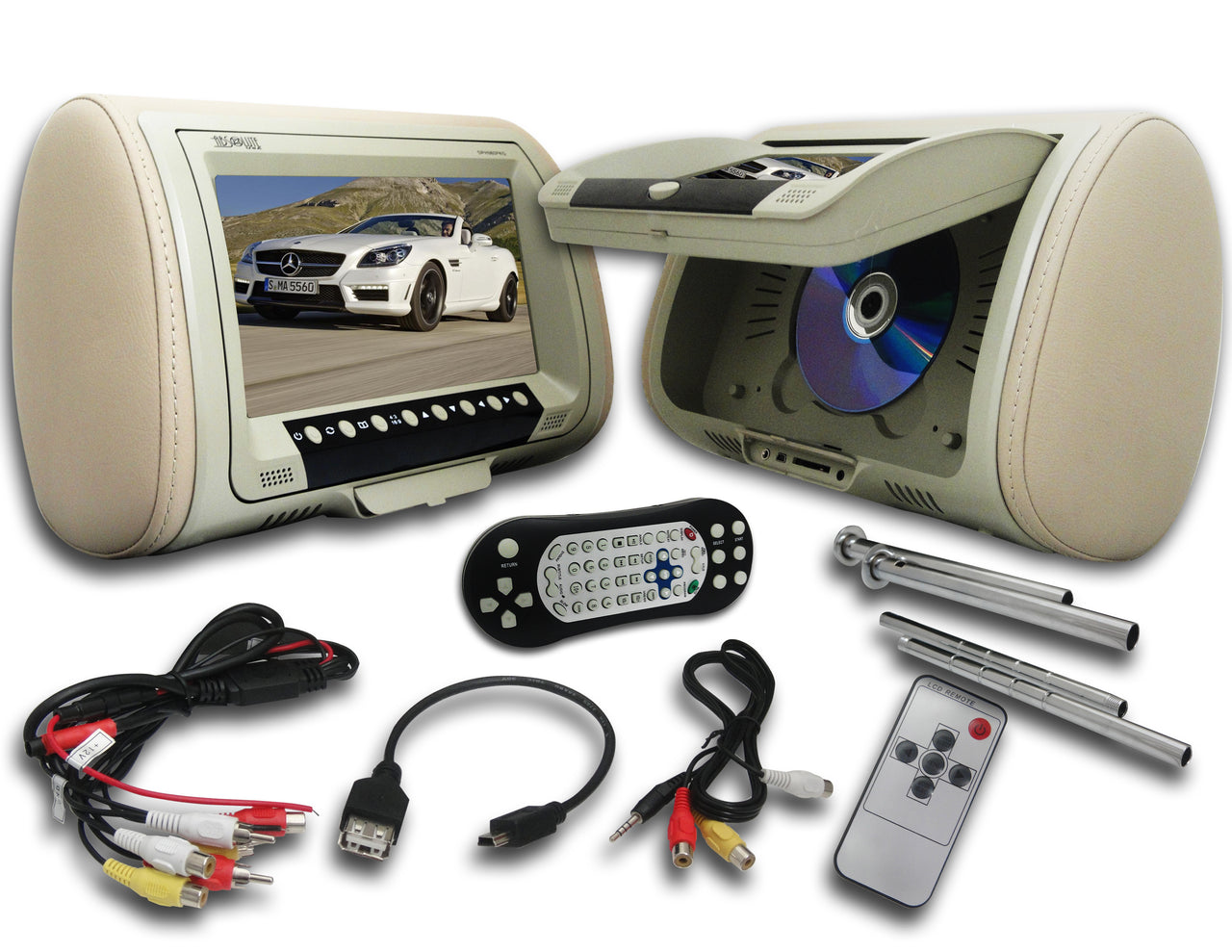 Absolute DPH-980PKGC 9.5" Pair Cream Headrest TFT/LCD Monitor DVD/USB/SD Package