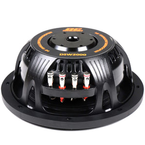 DC Sound DSW2000 10" shallow-mount subwoofers with dual voice coils for powerful bass performance.
