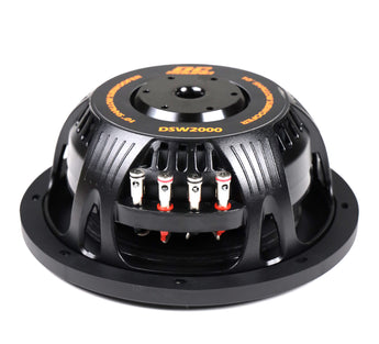 DC Sound DSW2000 10" shallow-mount subwoofers with dual voice coils for powerful bass performance.