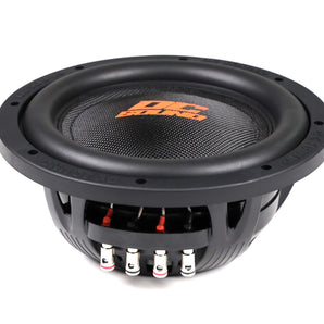 DC Sound DSW2000 10" shallow-mount subwoofer with dual voice coils and black cone design.