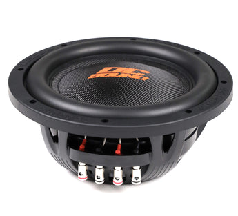 DC Sound DSW2000 10" shallow-mount subwoofer with dual voice coils and black cone design.