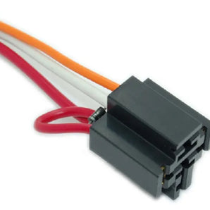Close-up of a 3 wire relay socket with diodes and colored wires, ideal for automotive wiring applications.