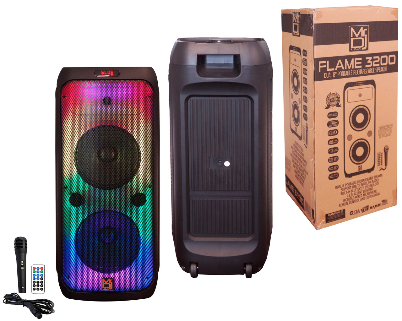 MR DJ FLAME3200 8" X 2 Rechargeable Portable Bluetooth Karaoke Speaker with Party Flame Lights Microphone TWS USB FM Radio