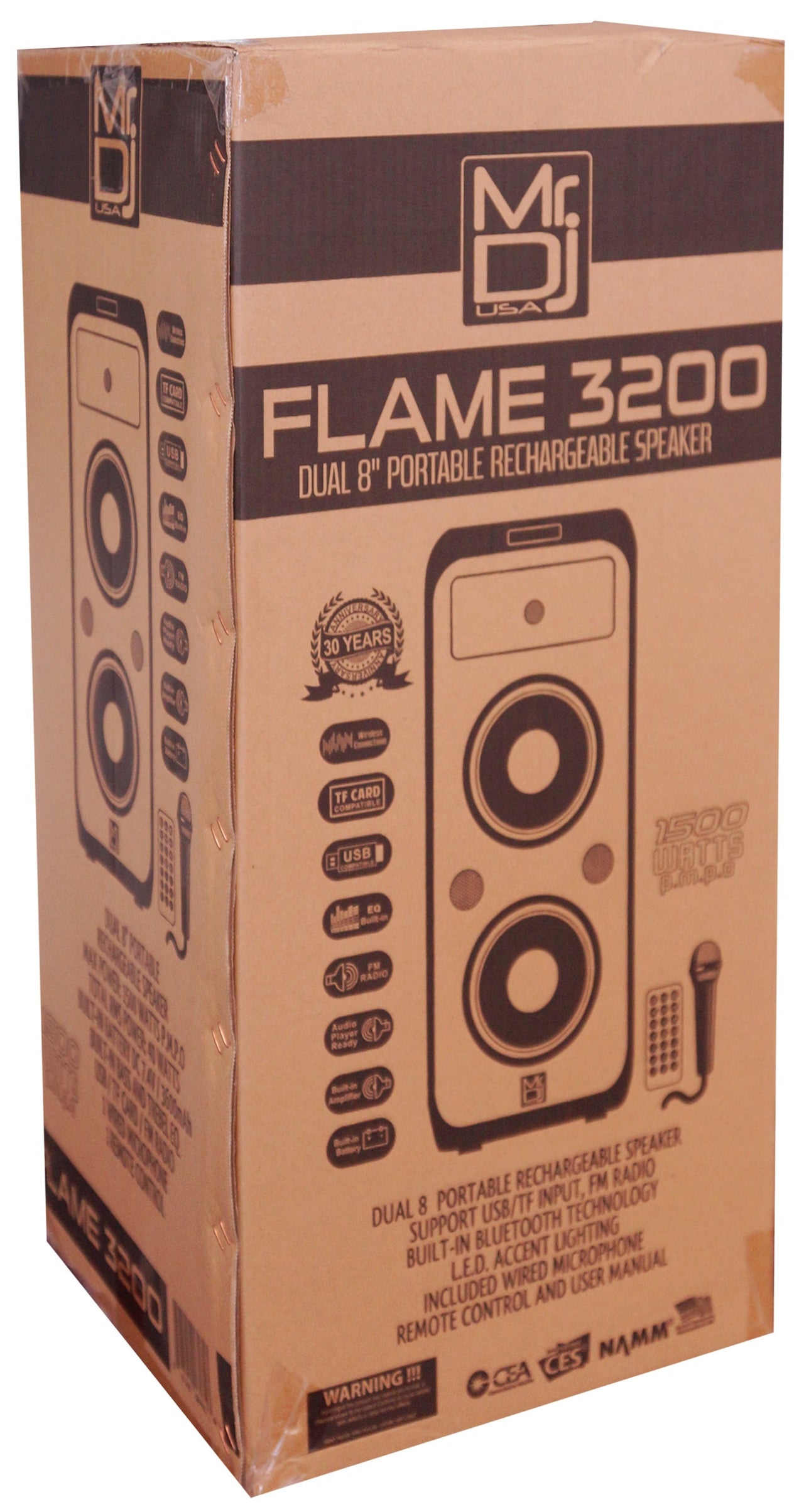 MR DJ FLAME3200 8" X 2 Rechargeable Portable Bluetooth Karaoke Speaker with Party Flame Lights Microphone TWS USB FM Radio