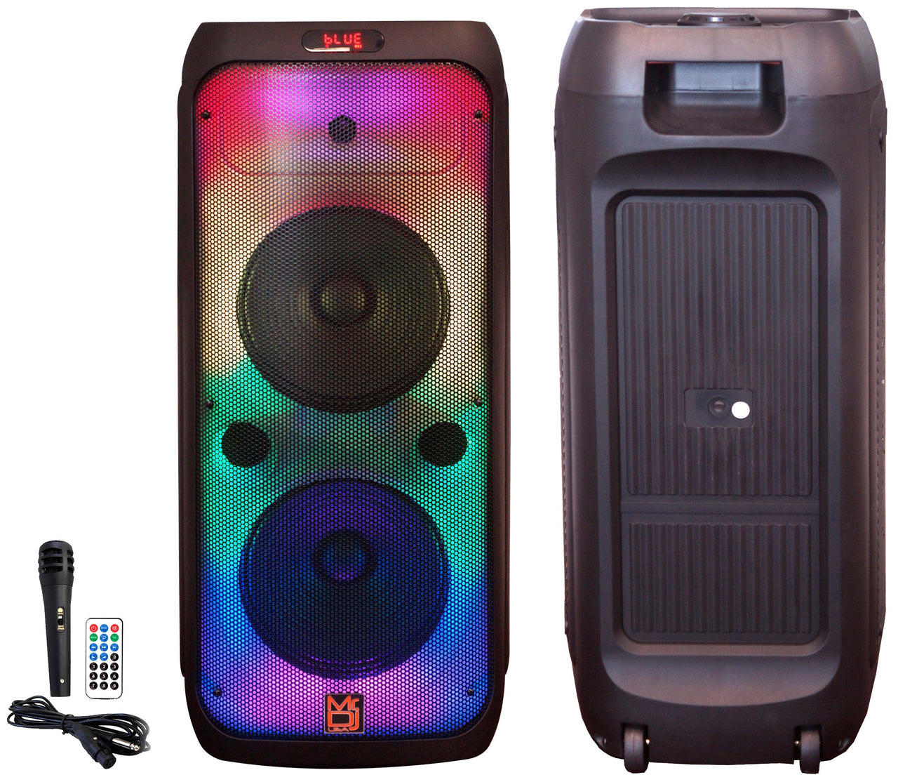 MR DJ FLAME3200 8" X 2 Rechargeable Portable Bluetooth Karaoke Speaker with Party Flame Lights Microphone TWS USB FM Radio + 54-LED Slim Par Wash DJ Light