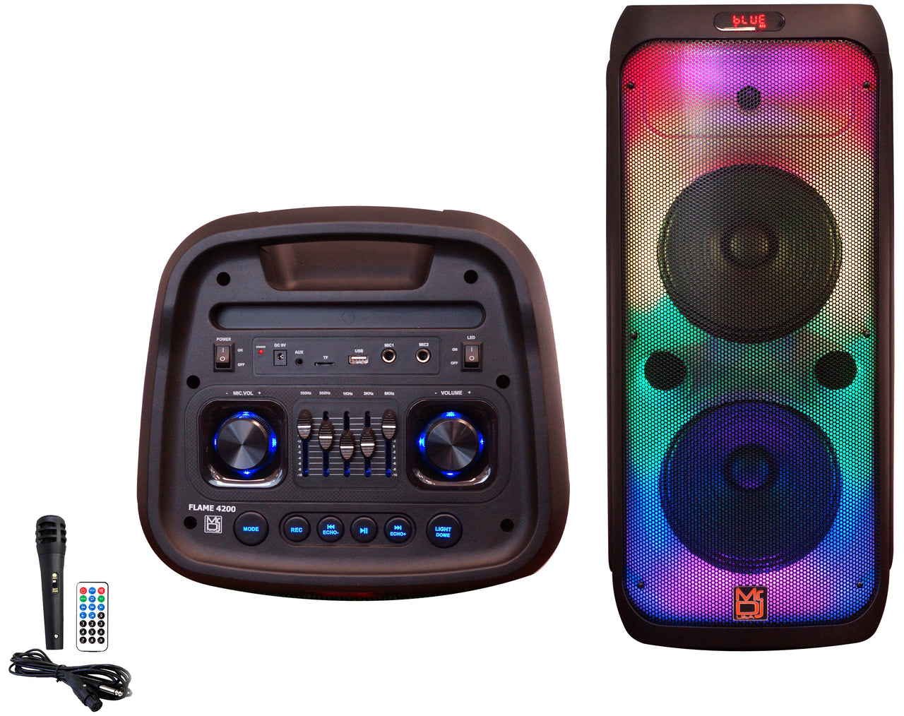 MR DJ FLAME4200 10" X 2 Rechargeable Portable Bluetooth Karaoke Speaker with Party Flame Lights Microphone TWS USB FM Radio + LED Crystal Magic Ball