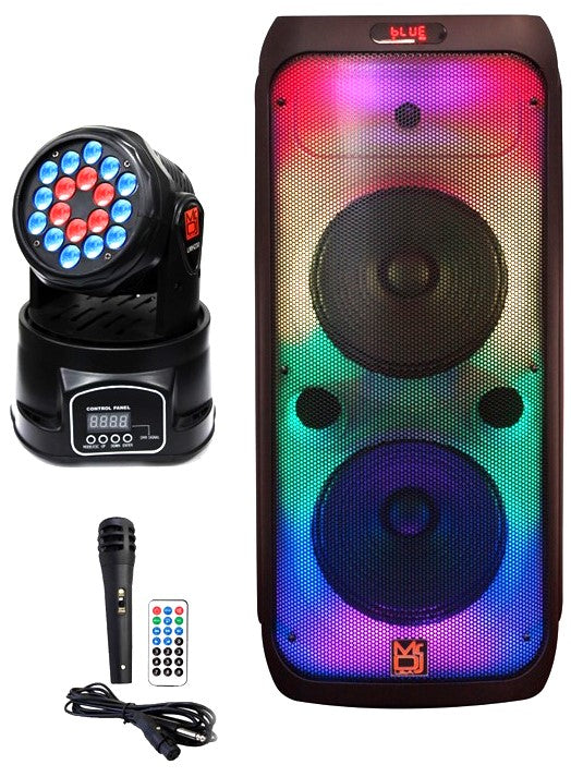 MR DJ FLAME4200 10" X 2 Rechargeable Portable Bluetooth Karaoke Speaker with Party Flame Lights Microphone TWS USB FM Radio + 18-LED Moving Head DJ Light