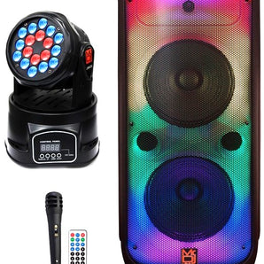 MR DJ FLAME3200 8" X 2 Rechargeable Portable Bluetooth Karaoke Speaker with Party Flame Lights Microphone TWS USB FM Radio + 18-LED Moving Head DJ Light