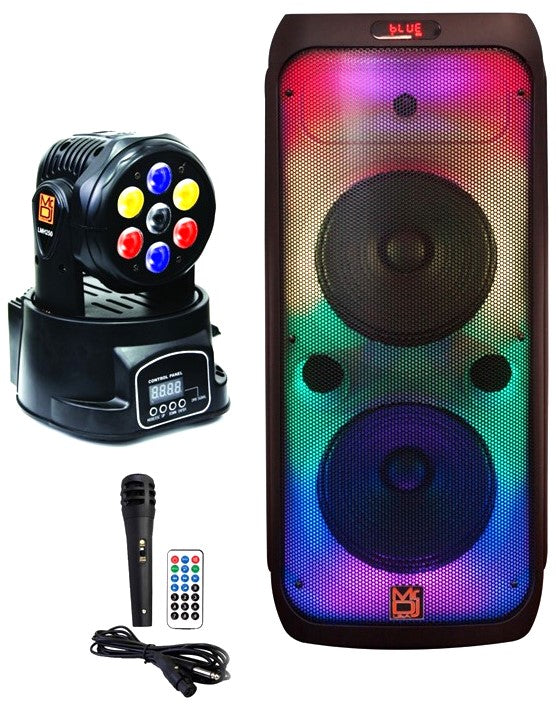 MR DJ FLAME3200 8" X 2 Rechargeable Portable Bluetooth Karaoke Speaker with Party Flame Lights Microphone TWS USB FM Radio + 7-LED Moving Head DJ Light